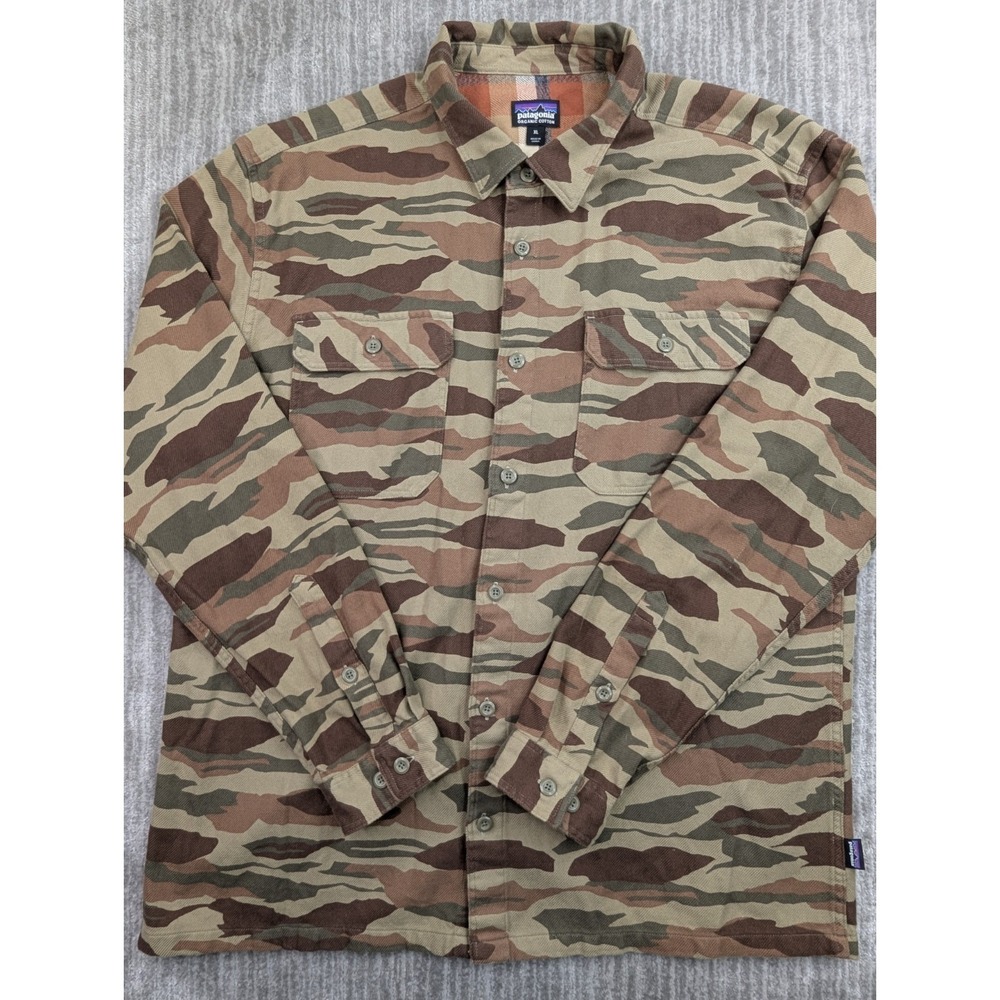 Patagonia Camo Shirt Men XL Fjord Flannel Brown Green Long Sleeve Organic Cotton